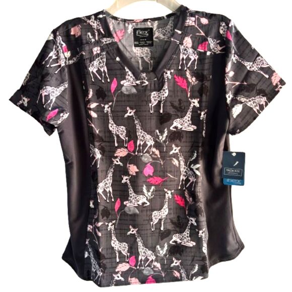 Cherokee IFLEX Giraffe Print Scrub Top Size M V-Neck Nurse Uniform - Picture 1 of 7